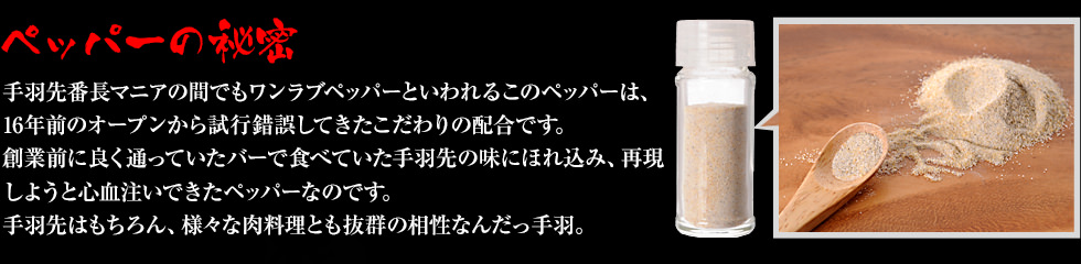 手羽先番長マニアの間でもハッピーパウダーといわれるこのペッパーは、15年前のオープンから試行錯誤してきたこだわりの配合です。創業前に良く通っていたバーで食べていた手羽先の味にほれ込み、再現しようと心血注いできたペッパーなのです。手羽先はもちろん、様々な肉料理とも抜群の相性なんだっ手羽。